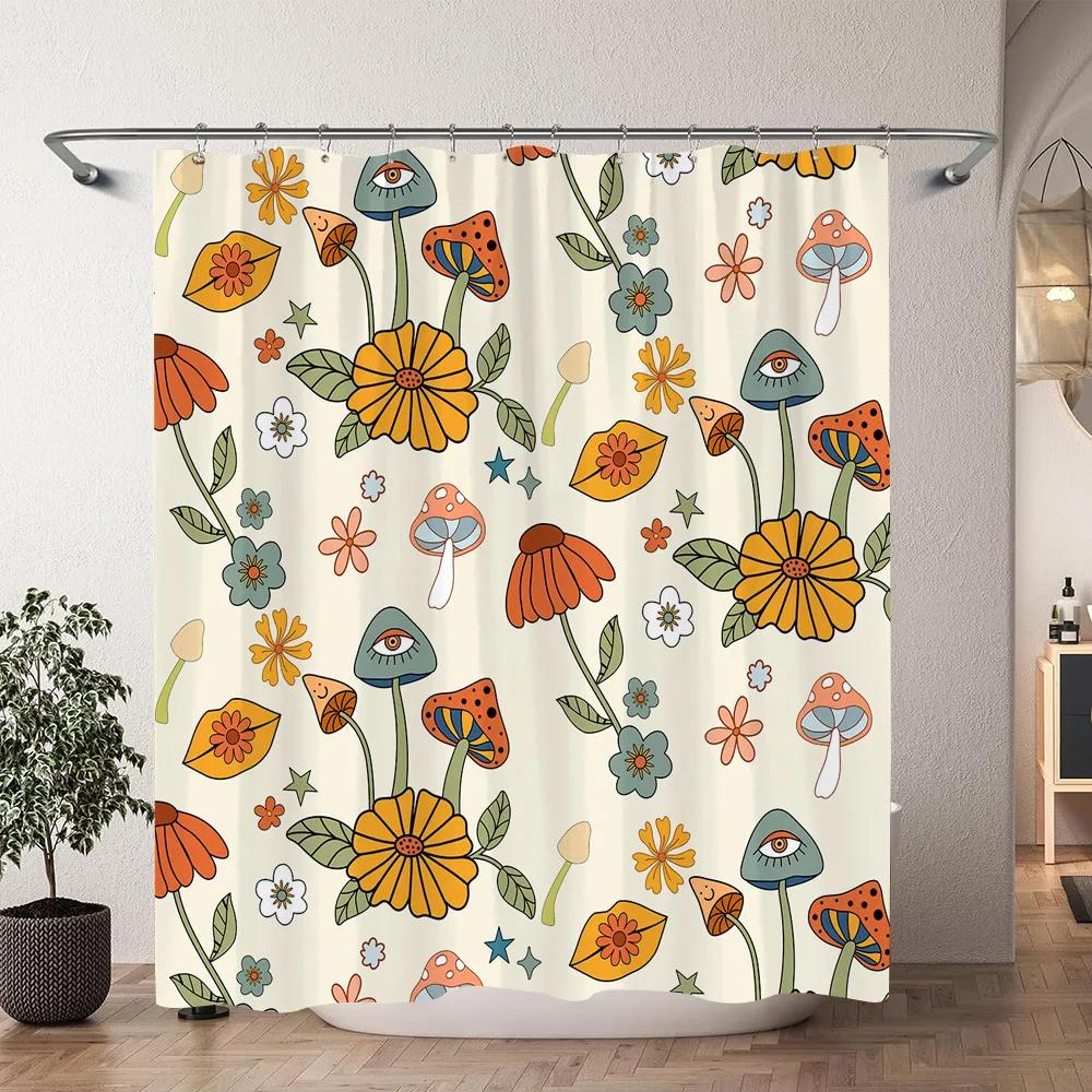 Tenda da doccia vintage a forma di fungo Foresta naturale Boho Farfalla Pianta Floreale Poliestere Tende da doccia Decorazione per il bagno Con ganci