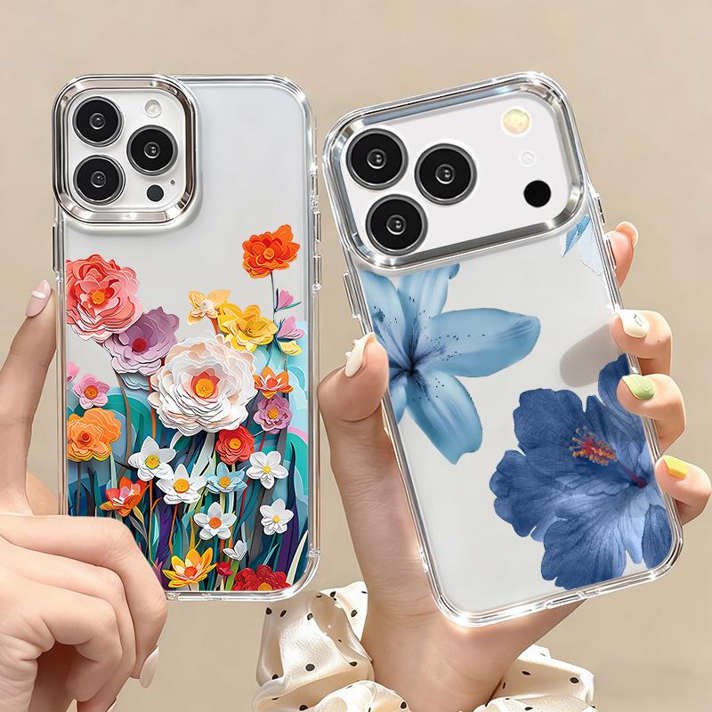 Colorful Flowers Print Case For iPhone 17 Pro Max iPhone 16 15 14 13 Pro Max 11 17e 16e Plating Lens Frame Clear Soft Silicone Back Cover