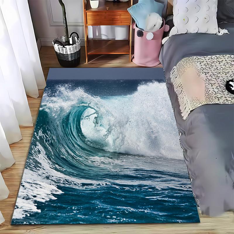 Ocean Wave Printed Carpet for Bedroom Decor, Blue Sea Pattern Rug Suitable for use as an anti-slip for living room bedroom sofas