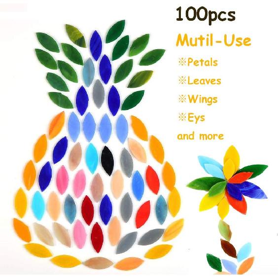 100 Pieces Petal Mosaic Tiles, Mixed Color Mosaic Glass Pieces, Hand-Cut Stained Glass Flower Leaves Tiles for Crafts Colorful Stained Glass Pieces