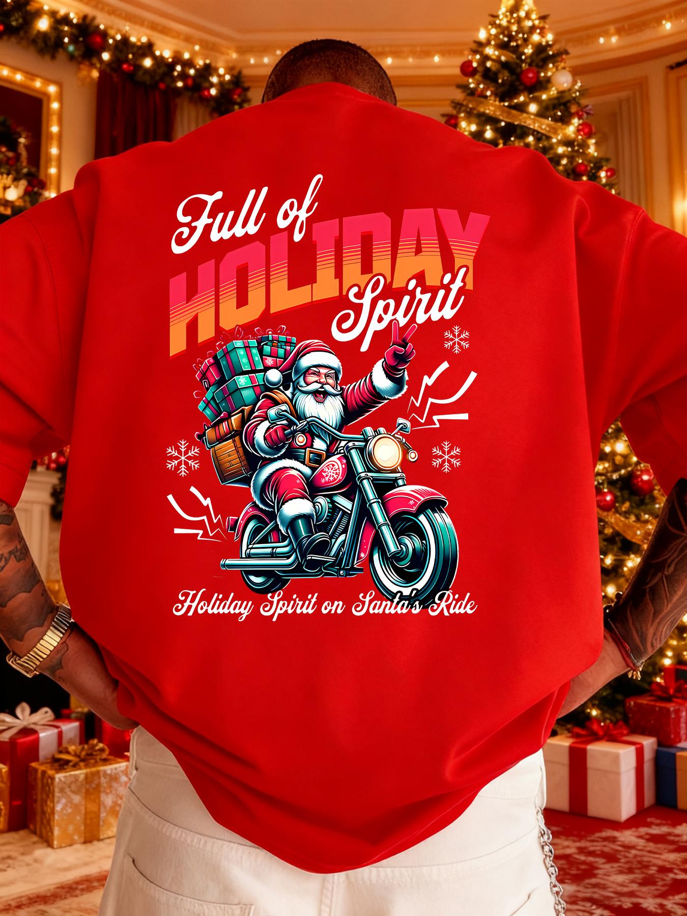 Mens shortsleeved Tshirt Santa Claus rides a motorcycle to deliver gifts suitable holiday parties and Christmas celebrations S