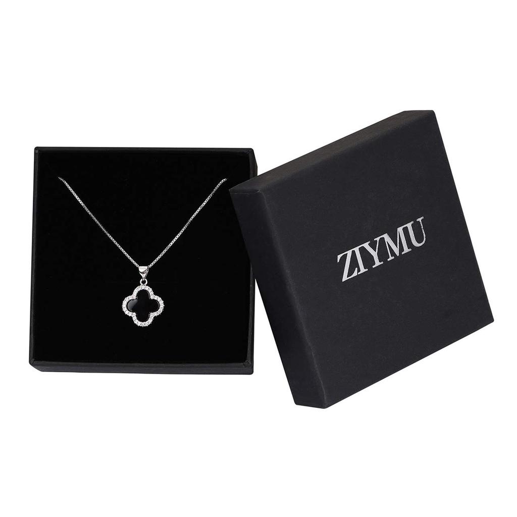 [ZIYMU] Four-Leaf Clover Pendant Necklace, Lucky Charm, Sterling Silver 925, Onyx, Women's, 40cm, zm-b-024s