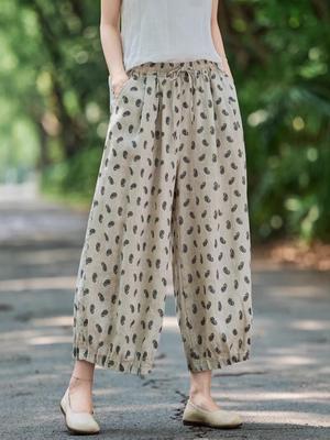 Women's 2026 Spring Linen Printed Lantern Cropped Pants with Elastic Waist