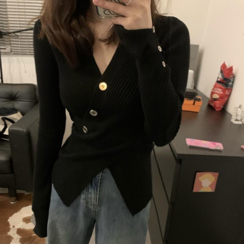 Spring and Autumn Women's Knitwear Long Sleeve Slim Split V-Neck Spice Top Inner White Bottom Shirt