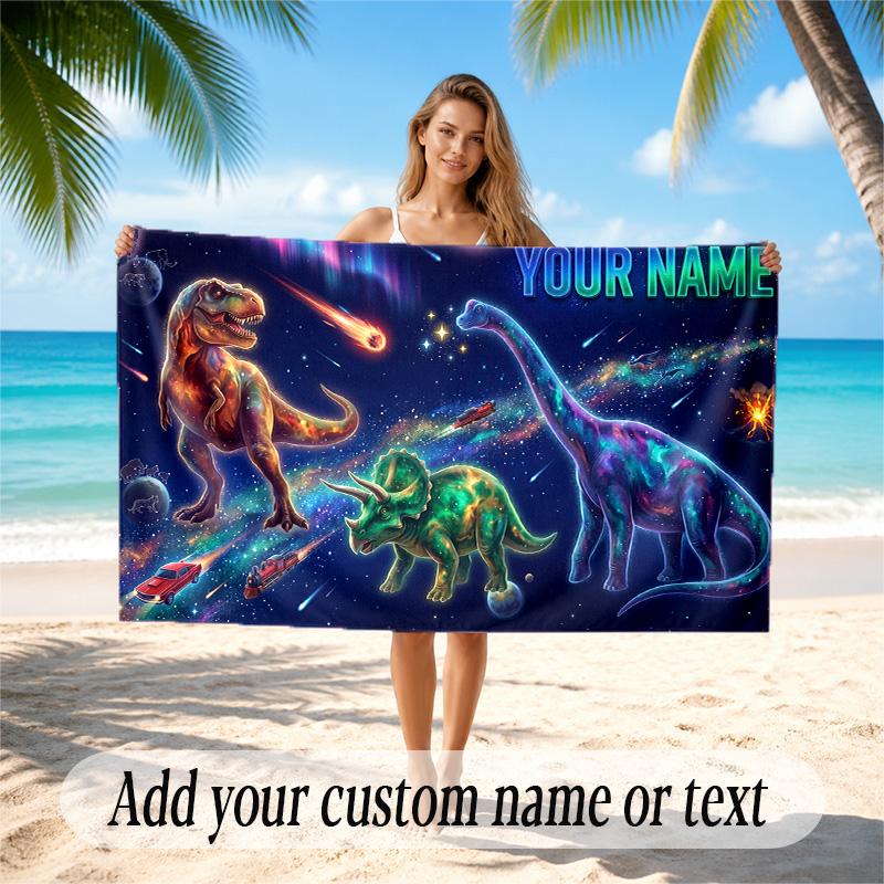 Dinosaur Theme Quick Dry Beach Towel Custom Name Text Print Large Sand Resistant Towel Beach Vacation