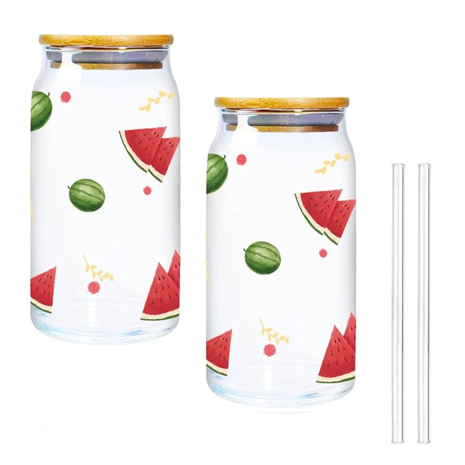 

Cute 2 Fruit Wine Glasses With Bamboo Lids And Glass Straws -16Oz Can Shaped Glasses Beer Glasses And Cute Flat Bottomed Iced