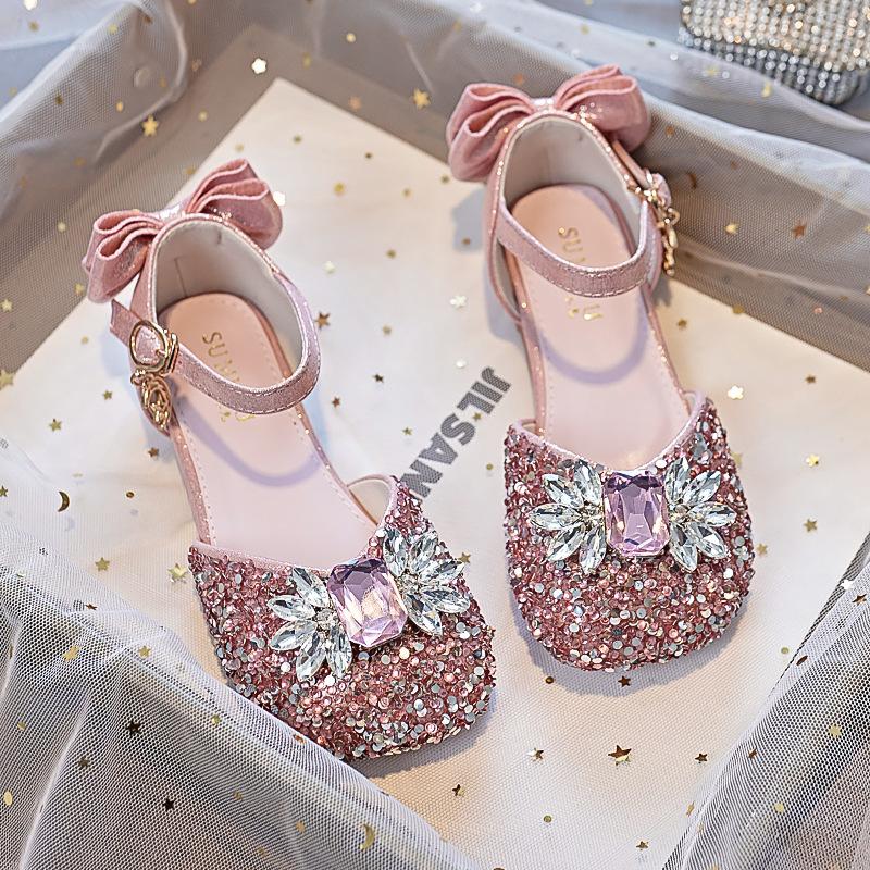 Girls princess shoes 2025 new silver soft sole children's crystal shoes summer bag head rhinestone girls shoes performance shoes