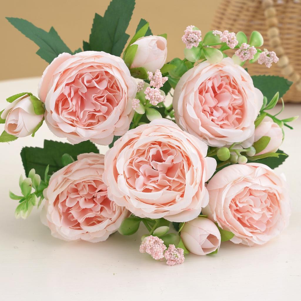 30cm Gül Pembe İpek Buket Şakayık Yapay Çiçek 5 Büyük Kafa 4 Küçük Tomurcuk Gelin Düğün Ev Dekorasyon Yapay Çiçek
