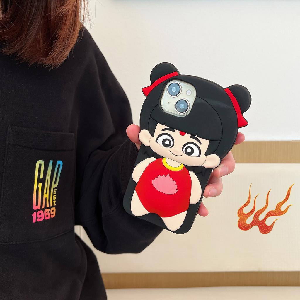For iPhone 15 Silicone Case Cute Nezha Baby Design Shockproof Phone Back Cover
