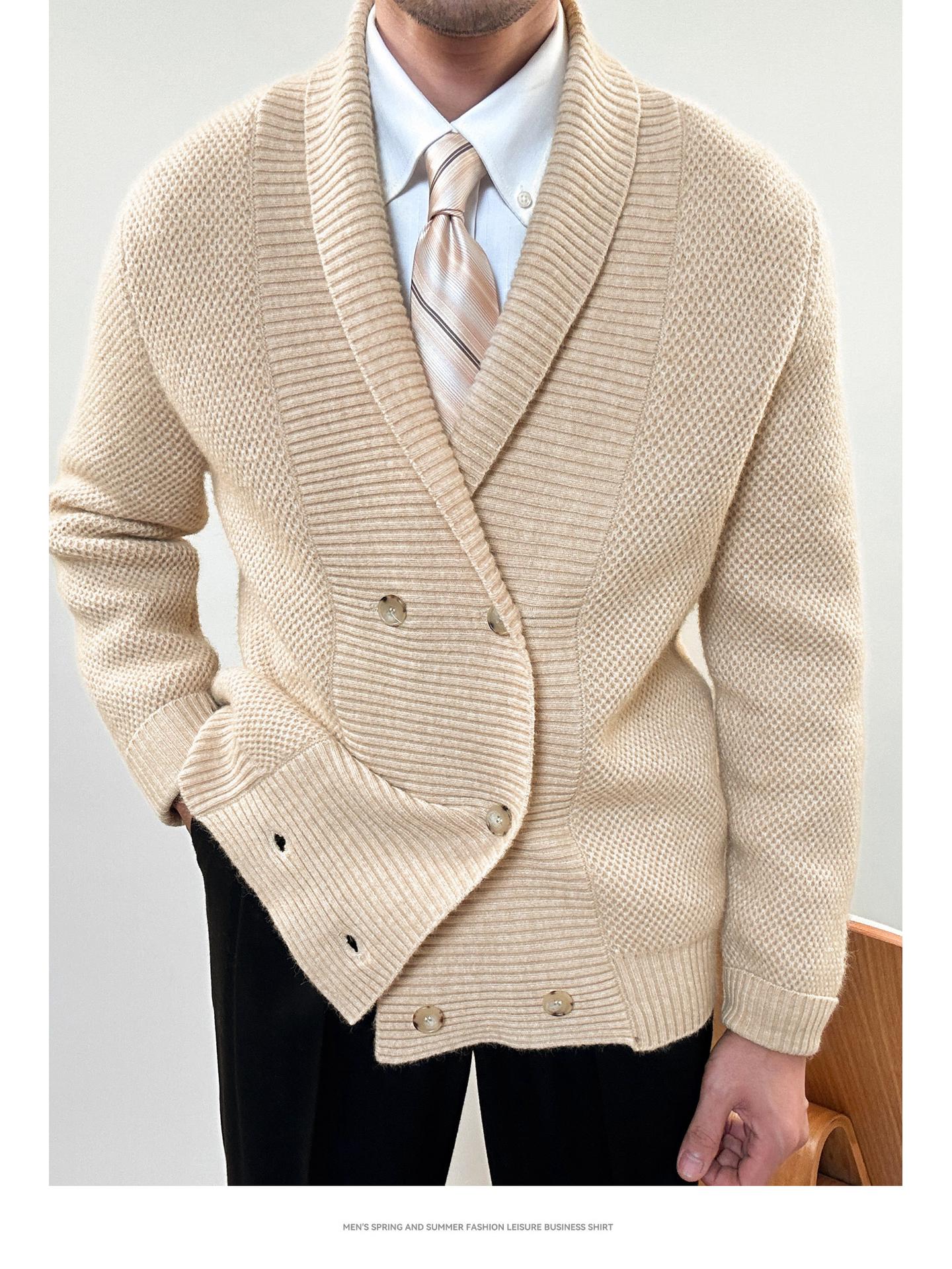 

Мужская тяжелая вязаная куртка с шалевым воротником и двубортной застежкой на осень/зиму Double Extra Large