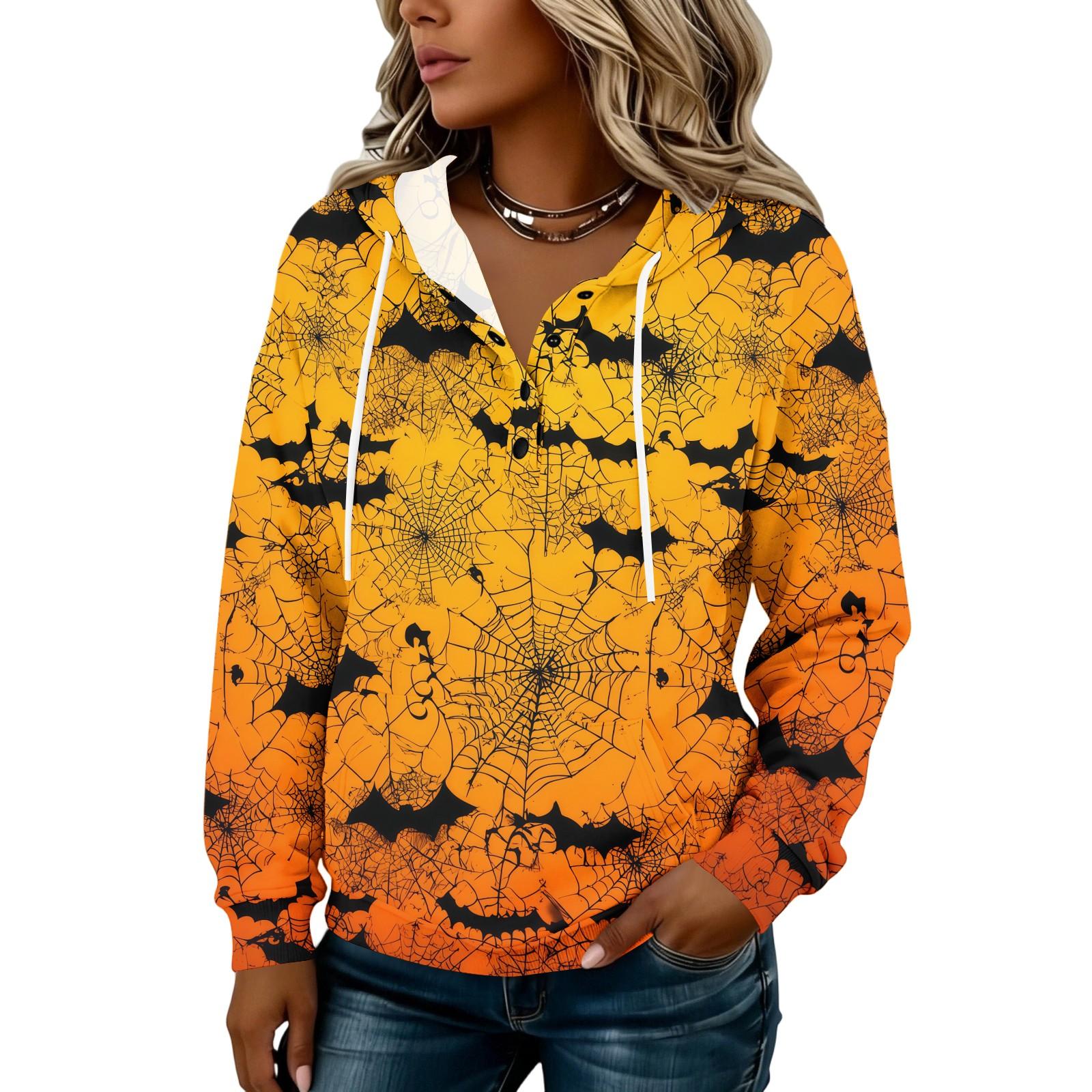Women s Fashion Hooded Button Front Halloween Print Sweatshirt XL
