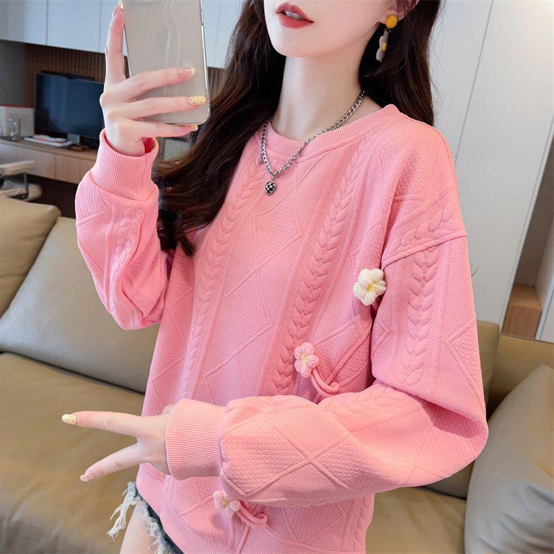 Women Clothing Korean Fashion 3D Flower Asymmetrical Sweet Chic Sweatshirt Casual Streetwear O Neck Long Sleeve Loose Solid Tops