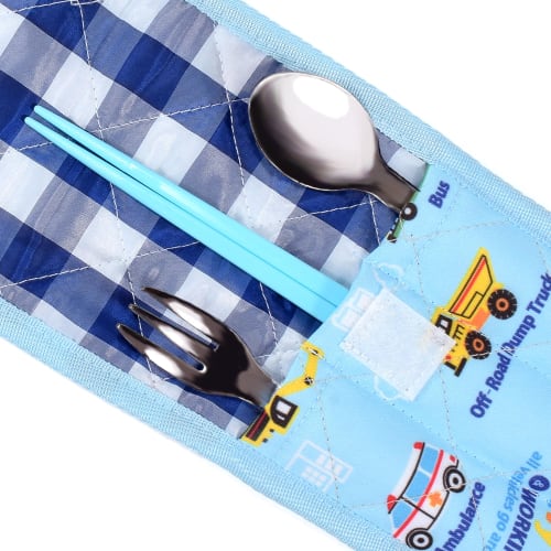 COLORFUL CANDY STYLE Cutlery Case, Water-Repellent and Quilted, Full Throttle Vehicle Design, Set of 2, Boys' Cool Kids' Case, Suitable for Kindergart