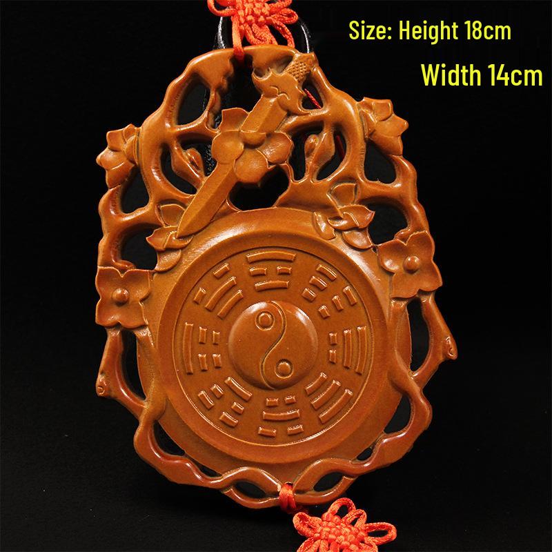 

Peach Wood Sword & Peach Blossom Bagua Mirror Pendant - Seven Star Sword Wall Ornament for Wedding Room Decor.