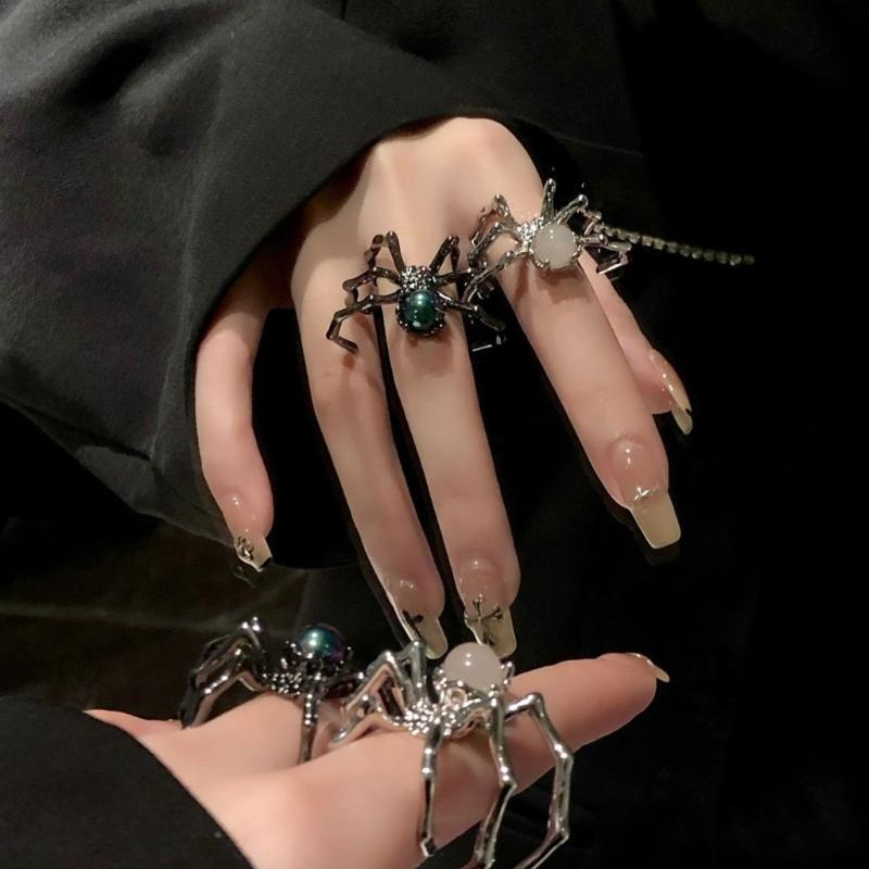 Gothic Punk Spiders Ring With Mysterious Moonstone Adjustable Size For Women Unique Dark Art Jewelry