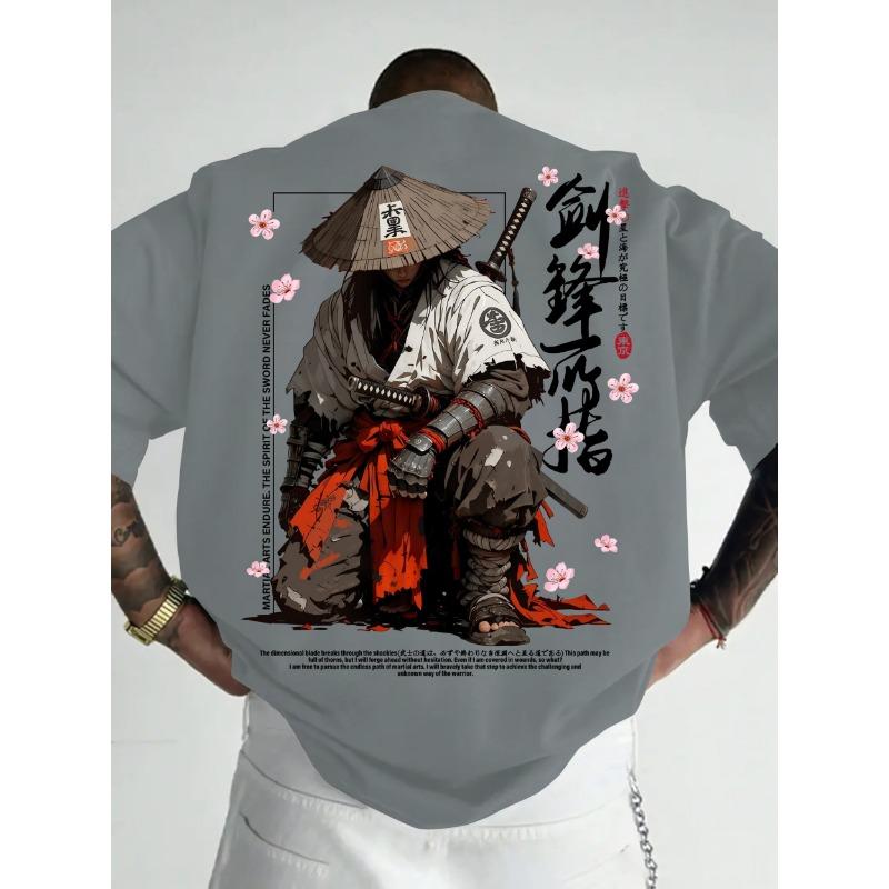 Summer Men's Japanese-style Ink-wash Samurai Pattern Casual Sports Street Style Trendy Short-sleeved T-shirt Soft Breathable