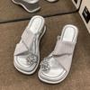 Flower Thick-soled Cool Slippers Women's Outer Wear 2025 New Summer Lady Muffin Wedge Heel Set Toe Beach Shoes