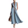 Women's Fashionable Vintage Stand Collar Sleeveless Casual Color-Blocked Loose Dress