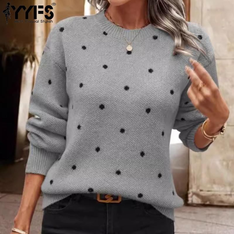 YYFS Women's Fashion Casual Fall Winter Polka Dot Print Long Sleeve O-Neck Sweaters