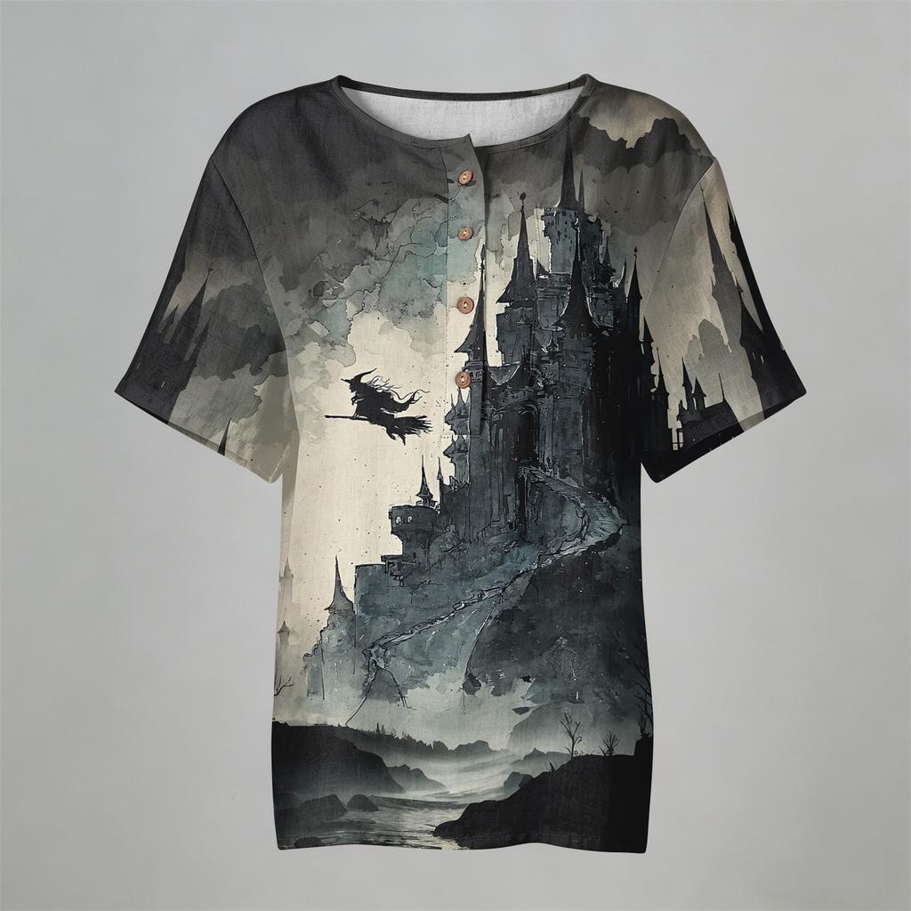 Women Casual Short Sleeve Henley Shirt with Chest Pocket Halloween Themed Graphic Print Cotton Linen Blended Fabric Relaxed Fit