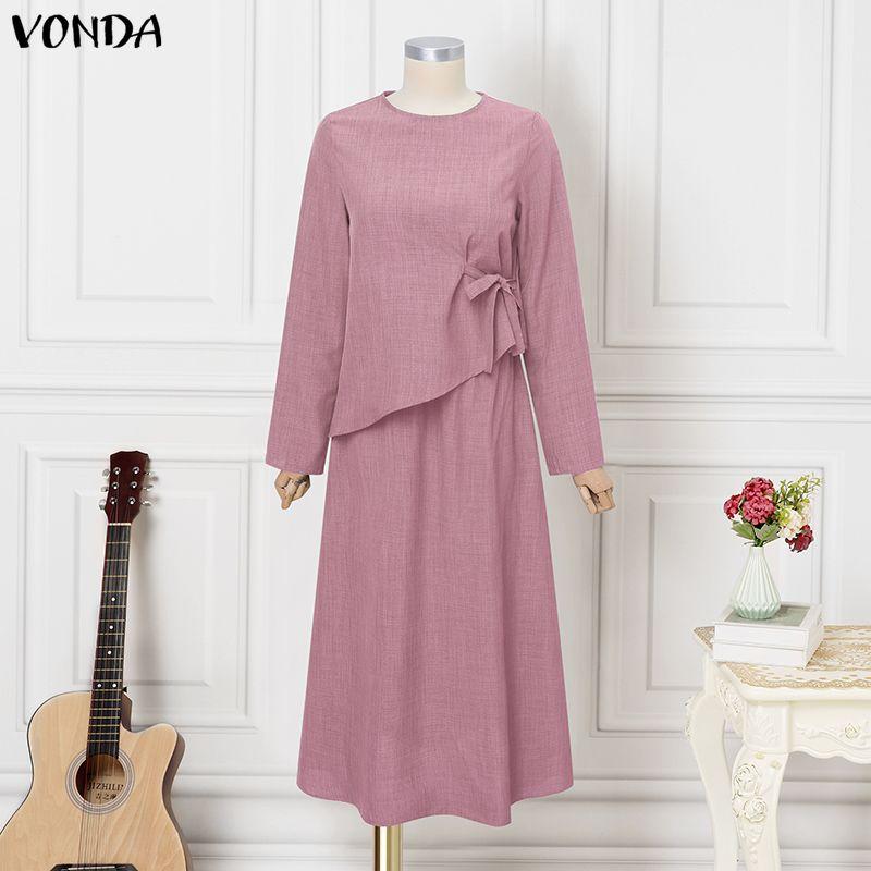 VONDA Women O Neck Long Sleeve Casual Loose Pleated Layers Maxi Rufffled Dress Robes