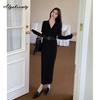 Korean Style Autumn Winter Women Warm Sweater Dress V Neck Beige Black Red Knitting Dress Knitted Office Lady Dress With Belt