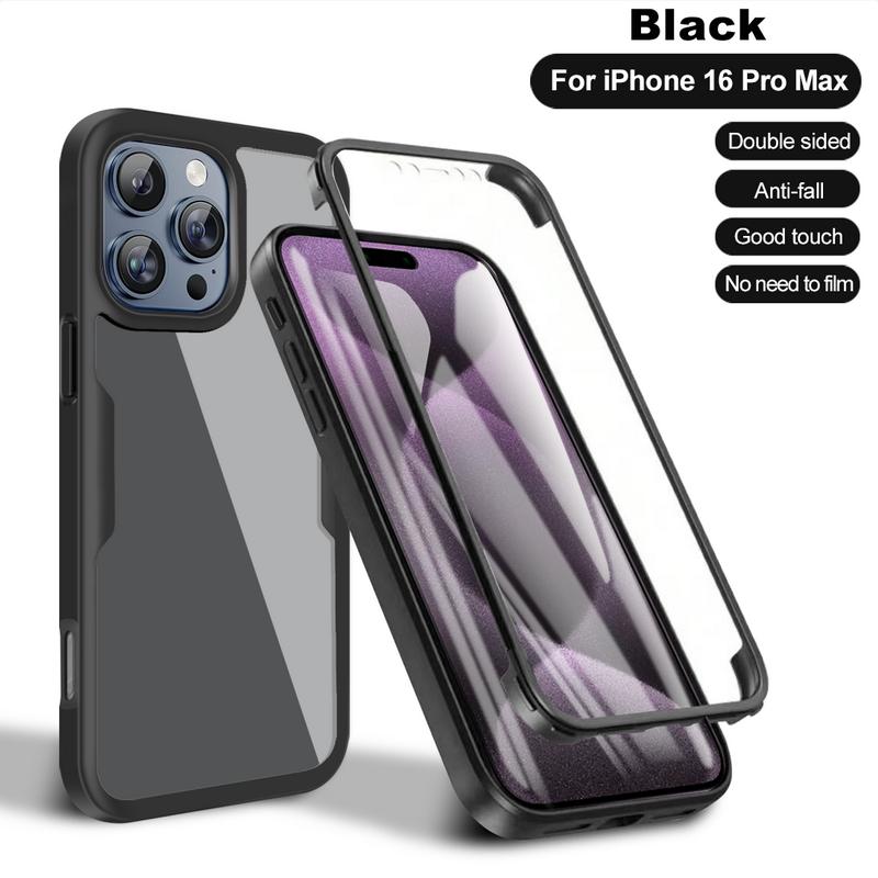 

Защитный прозрачный чехол для экрана на 360° для iPhone 16 15 Pro Max 14 Pro 13 12 11 XS XR 8 7 Plus, тонкий прозрачный противоударный бампер iPhone 16 чёрный