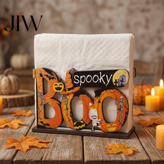 Decorative Napkin Organizer Halloween Wooden Holder, Cute Pastel Pumpkin Ghost Black Cat Tabletop Tissue Dispenser, Waterproof Holder