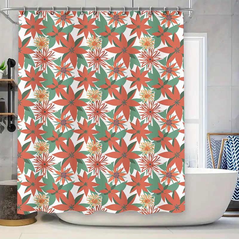 

Vibrant Floral Shower Curtain Waterproof Fabric Bathroom Decor Green Red White Flowers Pattern Size 72X84 Inches W60H190(CM)-1 Pcs