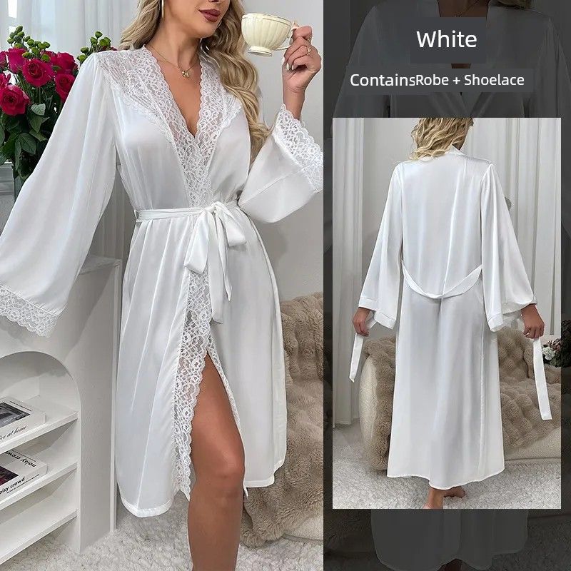 2025 New Arrival Cross-Border Silky Satin Nightgown/Long Bathrobe Shoelace Homewear/Sexy Dating Pajamas