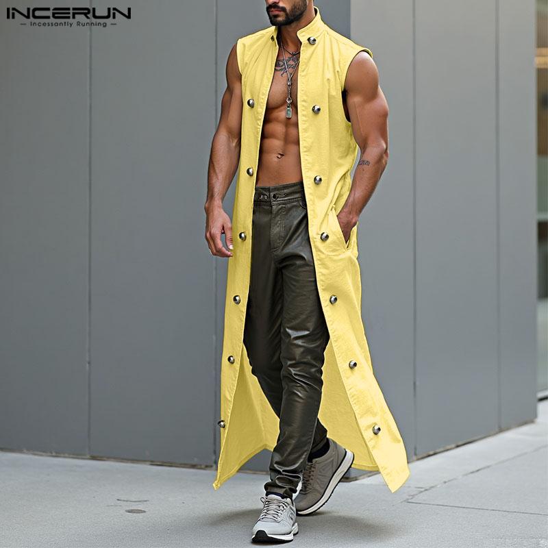 INCERUN Men Satnd Neck Sleeveless Open Front Decorative Buttons Casual Long Cardigan