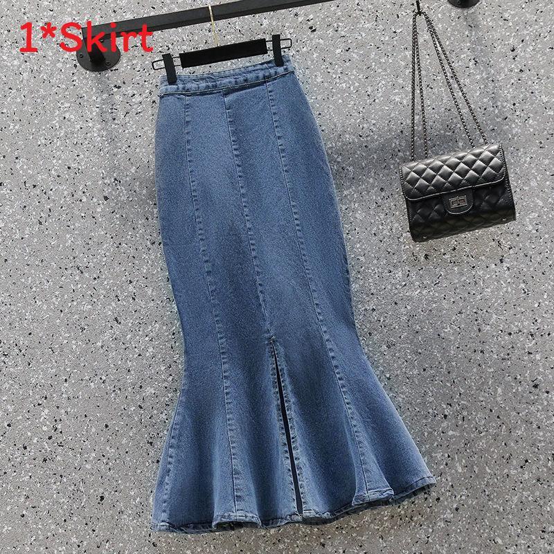 Denim Pencil Skirt With Ruffle Hem For Office Women Autumn Winter
