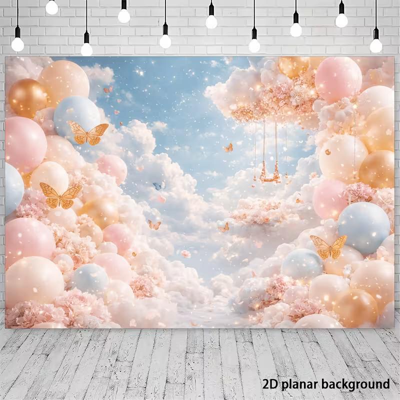 2D Dreamy Sky Banner with Pink Gold Balloons and Floral Clouds 47.2x31.5inch/120*80cm