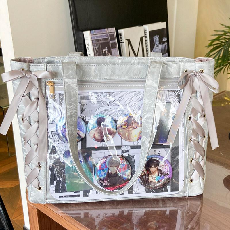 

New Y2K Ribbon Bow Japanese Ita Shoulder Bag Cute Girl Transparent Pocket Large Capacity Crossbody Tote Bag DIY Display Handbags Only Bag No Pendant