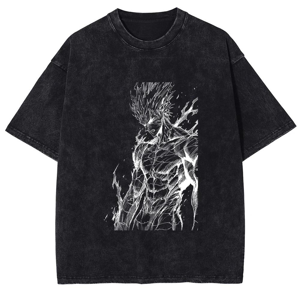 

Vintage Washed Black OnePunch Unisex Garou Oversized TShirt Front White LineArt Style Garou Graphic (Dynamic Cracked Texture) 2XL