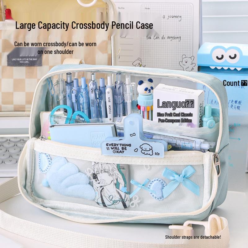 Large Capacity Blue Transparent Ita Pencil Case - Stylish and Functional for Students