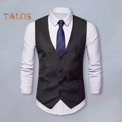 Herenpakvest met V-hals, mouwloos, enkelvoudig geknoopt, met zakken, effen kleur, slim fit, formele stijl, zakelijk vest
