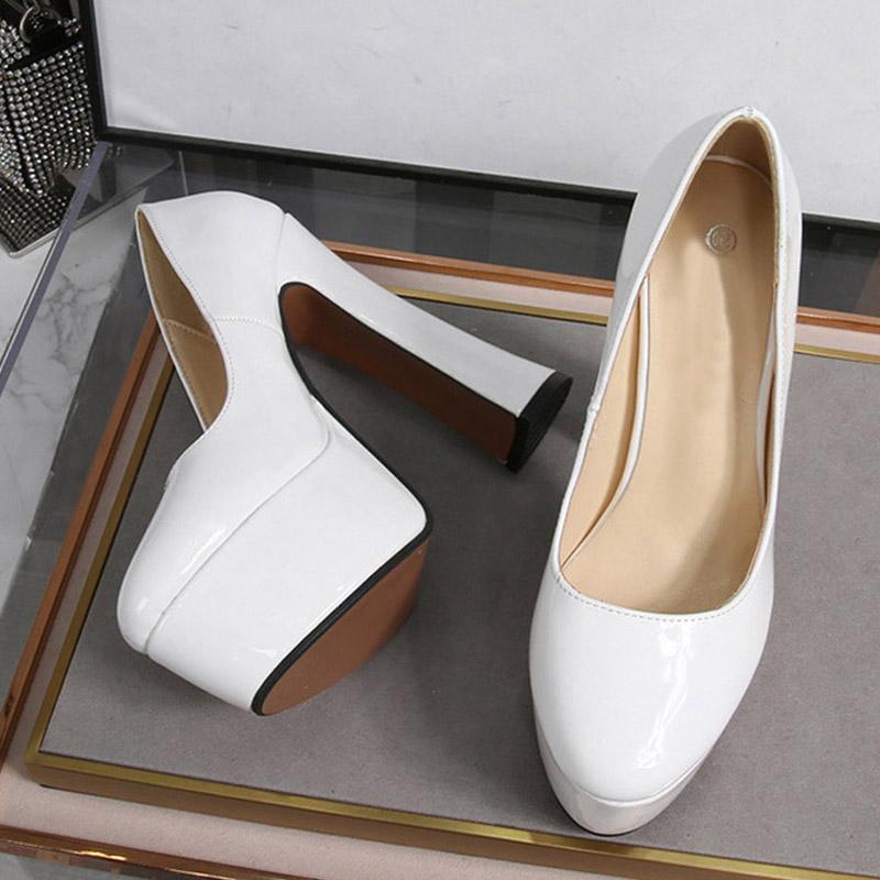 

Liyke Сексуальные розовые лакированные туфли на высоком каблуке с массивной платформой, свадебные банкетные туфли, весенне-осенние туфли-лодочки с круглым носком и ремешком на пятке для женщин 35