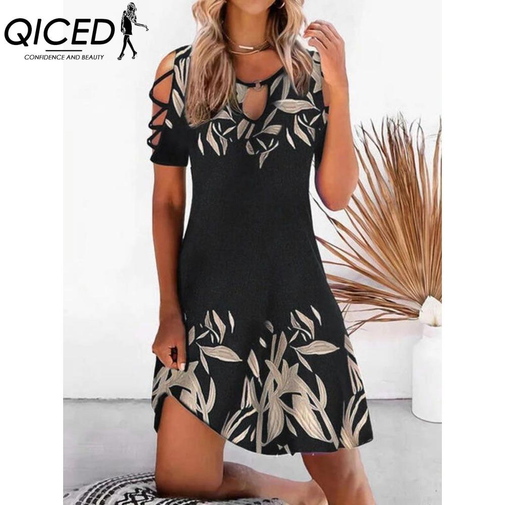 QICED 13 Color Women Floral Print Dress Summer Sexy Short Sleeve O-Neck Mini Dresses Female Vintage Elegant Dress