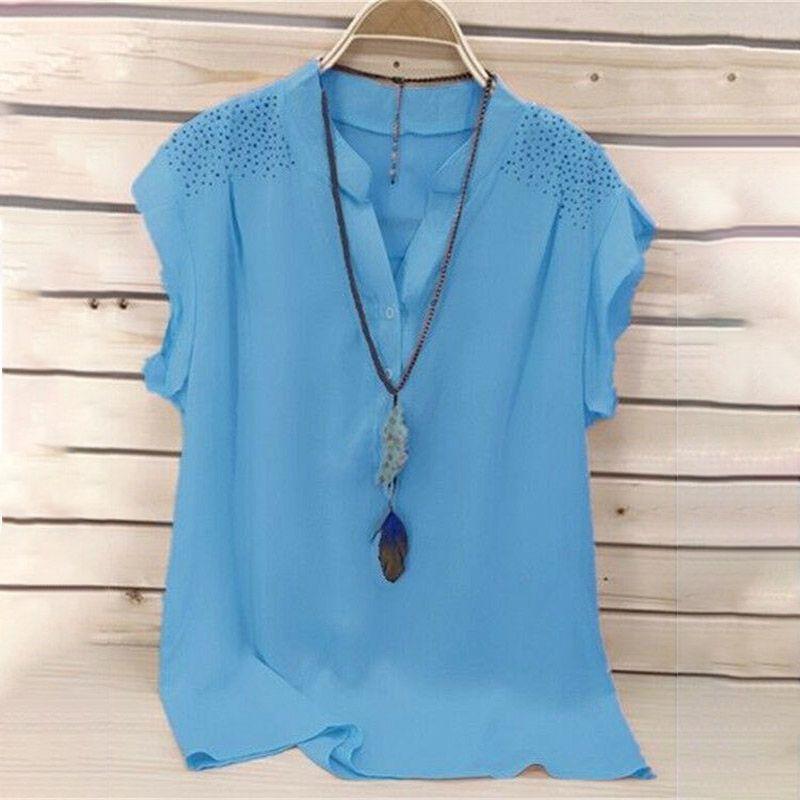 

Button Summer Womens V Neck Short Sleeve T Shirt Ladies Plus Size Tops Blouse Blue,2XL