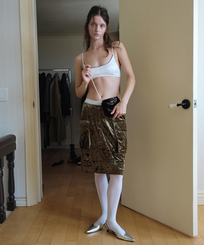Obeodyupeulleeo Velvet Cargo Midi Skirt_Olive Khaki