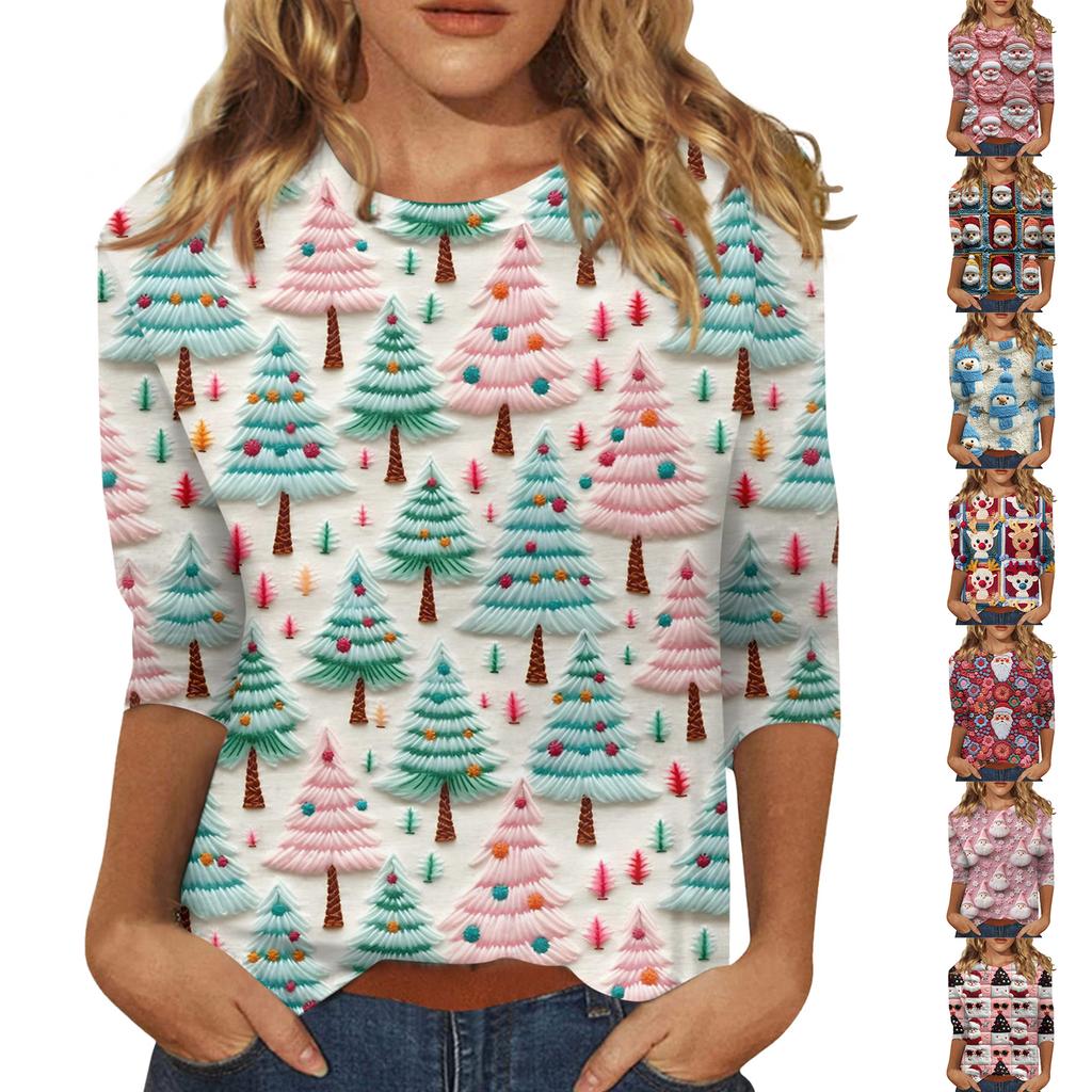 Women's Fashionable Casual Three-Quarter Sleeve Christmas Print Round Neck Top