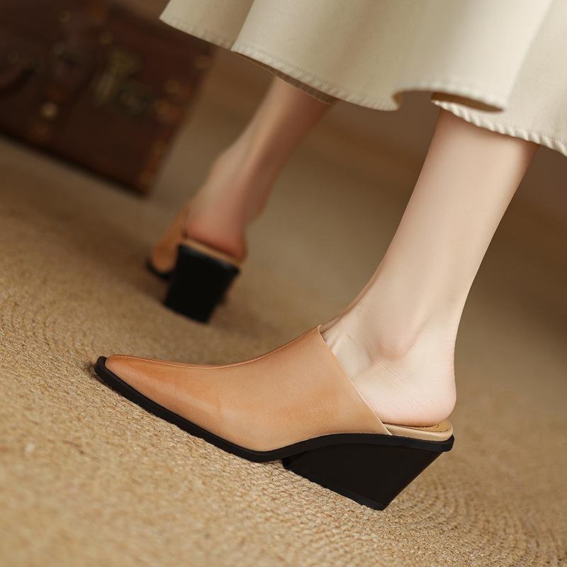 Fashion 2025 New Summer Women Mules Genuine Leather Women Shoes Pointed Toe Wedges Shoes High Heel Women Sandals Metal Modern Slippers
