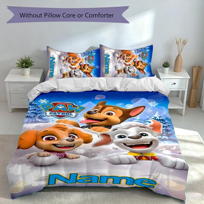 3pcs Custom Name Paw Patrol Bedding Set,Includes 1 Duvet Cover and 2 Pillowcases,All-season Bedroom Decor