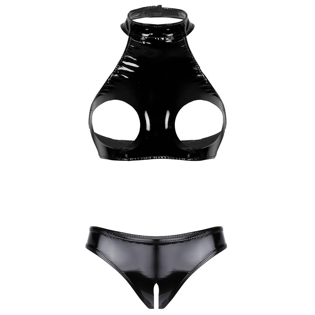 Underwear Set 2 Piece Sexy Women Hollow Crotch Open Bust Latex Leather Bra And Thong Exotic Adult Club Clothing Erotic Lingerie