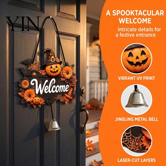 Wooden Craft Hanging Decoration Halloween Pumpkin Ghost Welcome Door Hanger Sign, Cute Wall Ornament with Bell Holiday Sign for Store Entry