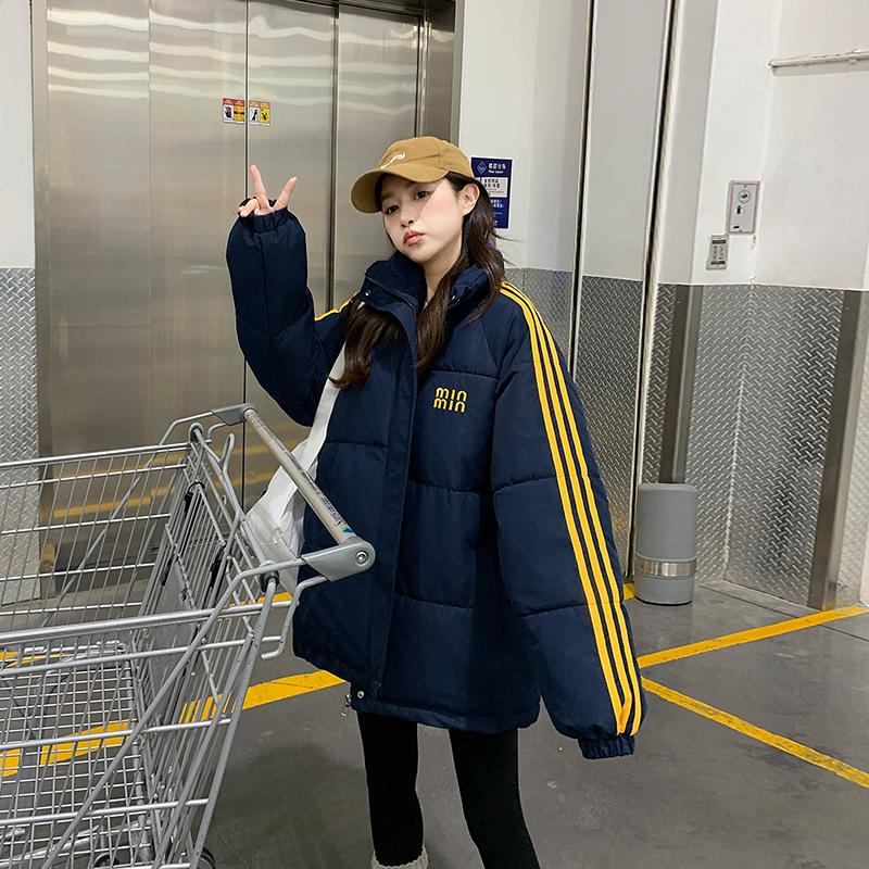 

Down Cotton-padded Jacket Women s Winter Clothes New Contrast Plaid Three-bar Lovers Cotton-padded Jacket 2XL чорний