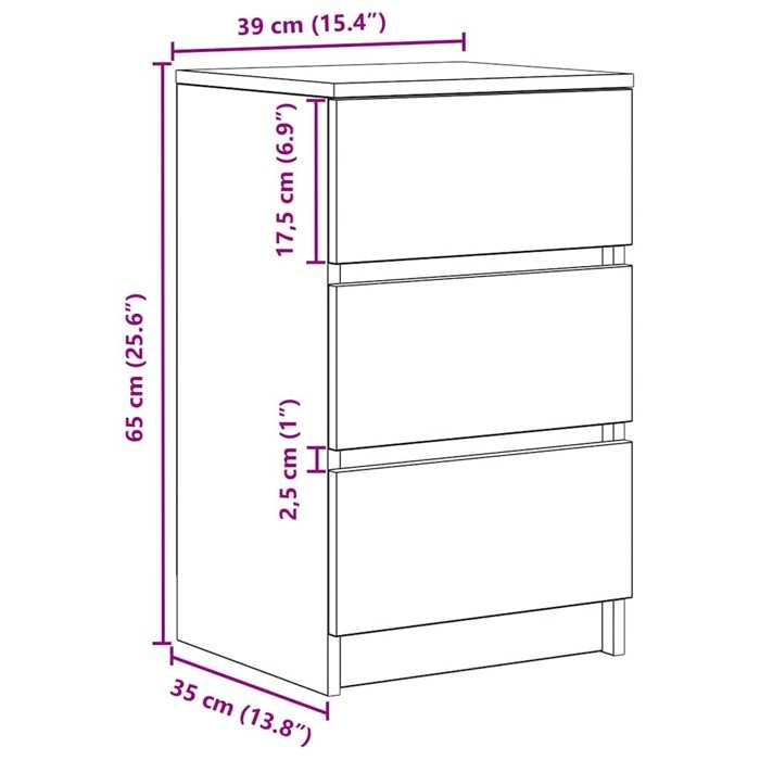 VidaXL Bedside Table with 3 Drawers Sonoma Grey 39x35x65 Cm, Side Table, Bed Cabinet, Side Table for the 861347