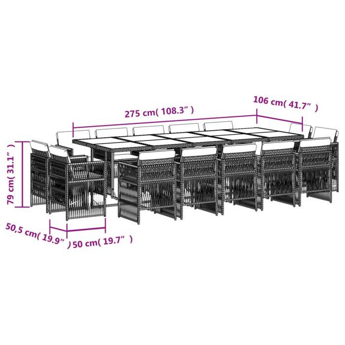 VidaXL Ensemble à Manger de Jardin avec Coussins 15 pcs, Table et Chaises à Dossier Rabattable, Meubles d'Extérieur Patio 3211054