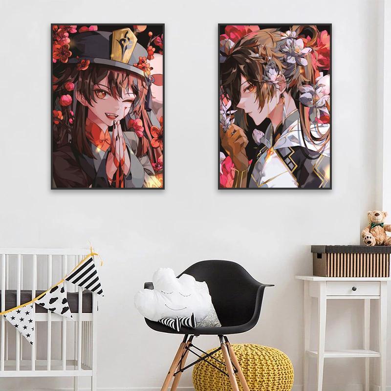 Genshin Impact Cartoon Characters Floral Posters Room Decor Anime Game Pictures Wall Art Bedroom Interior Poster Canvas Painting